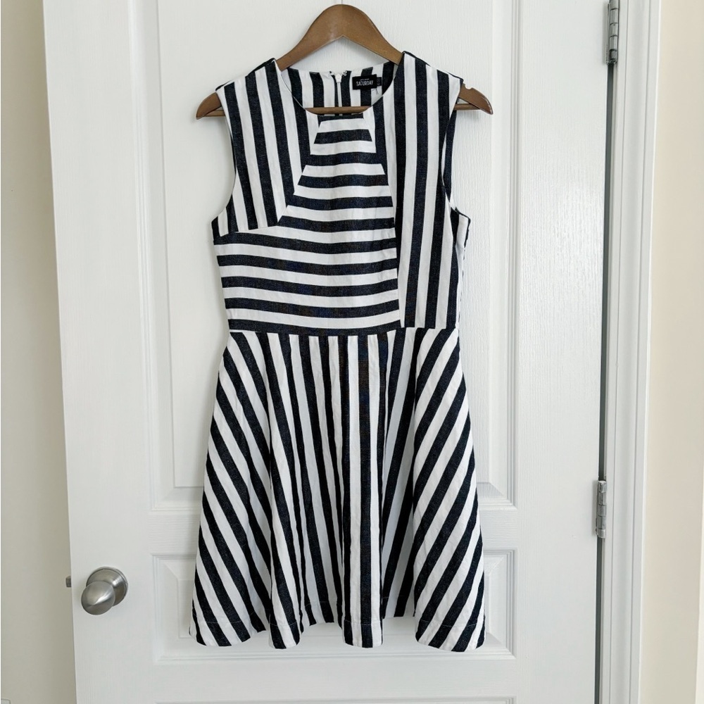Kate Spade Black & White Striped Fit & Flare Linen Blend Dress Sz 8